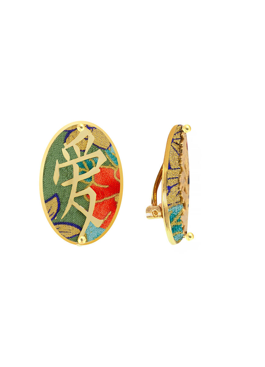 Kanji Love Clip Earrings Green - Lebole Maison