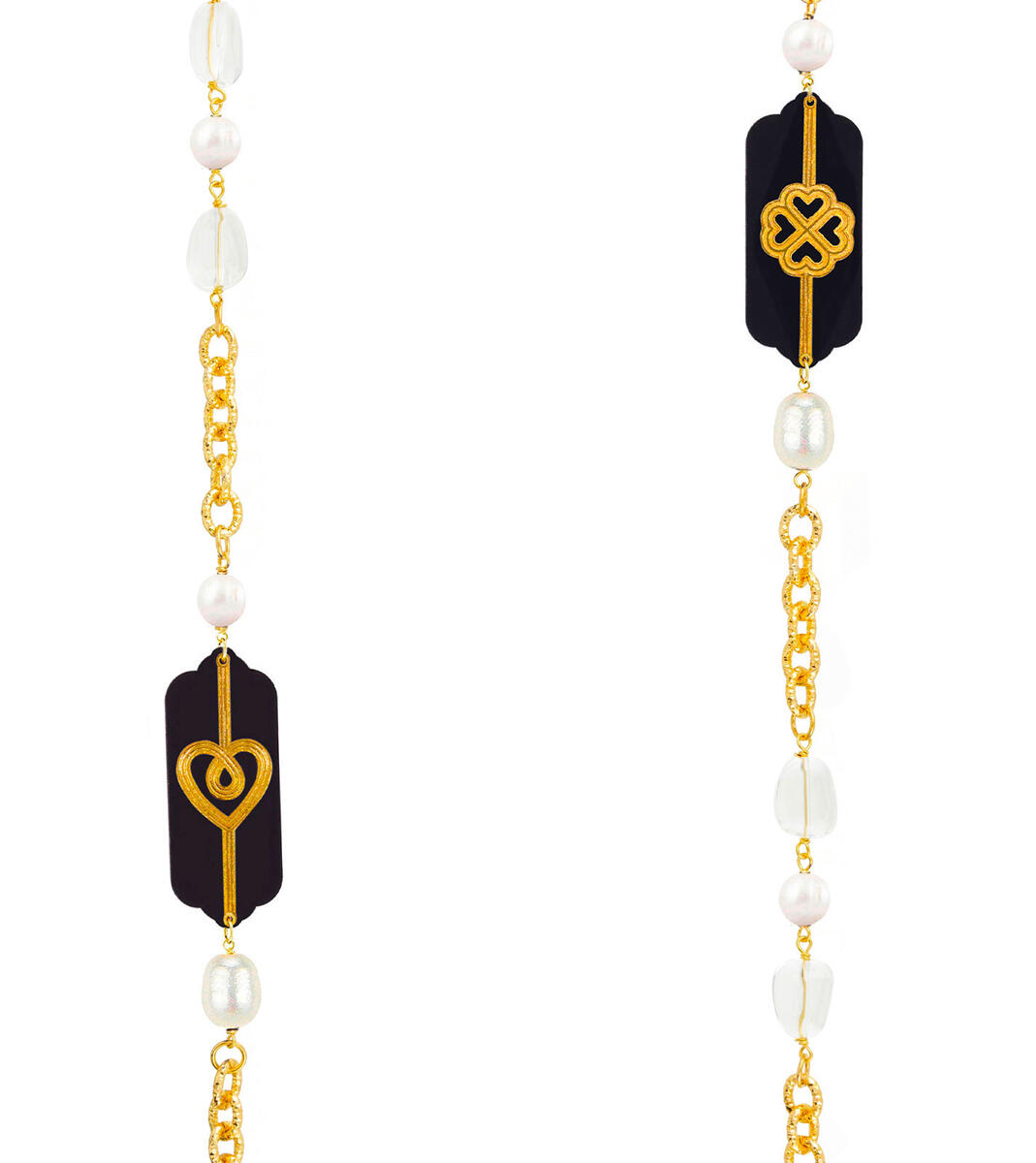 Long Polka Dot Heart And Four-leaf Clover Necklace In Black Plexiglass And Pearl - Lebole Maison