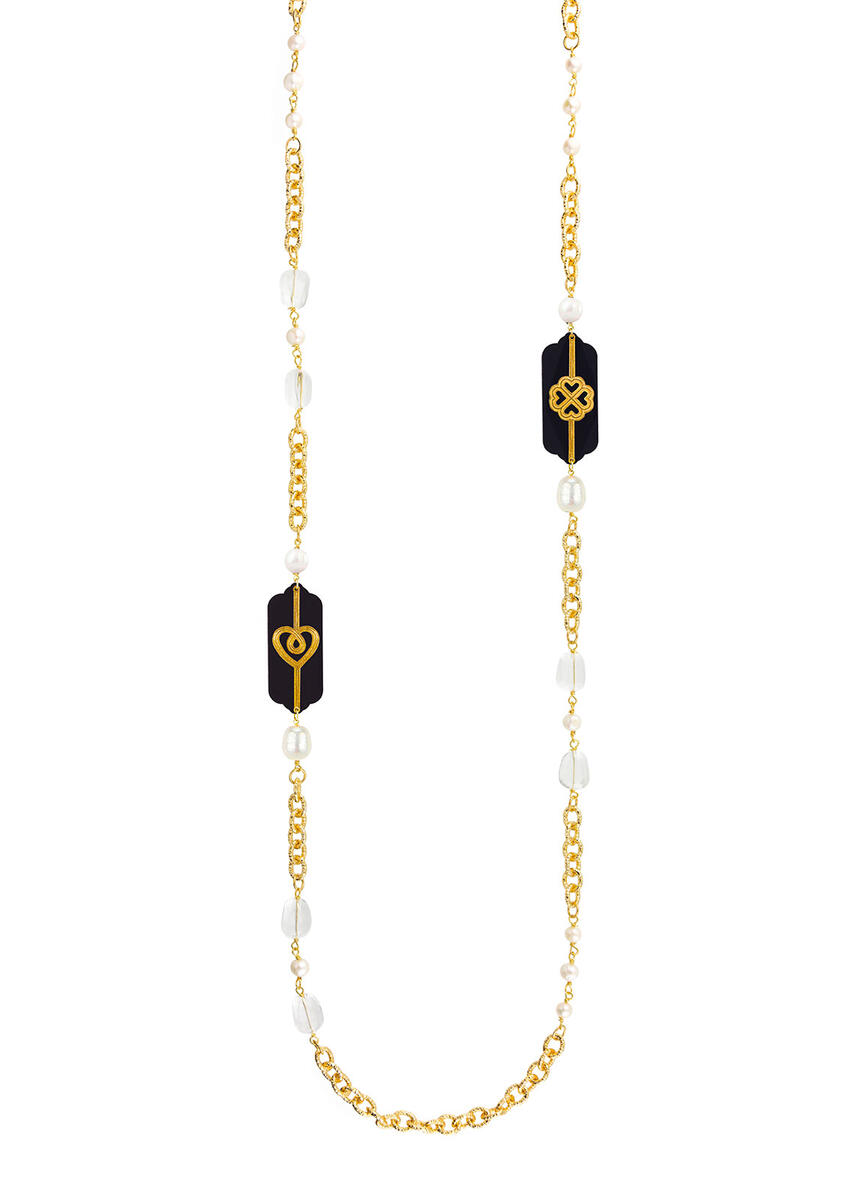 Collana Lunga Pois Cuore E Quadrifoglio Plexi Nero Perla - Lebole Maison