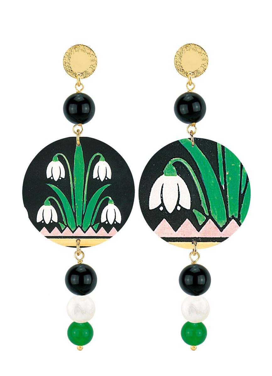 Black And Green Pearl Deco Flower Earrings - Lebole Maison