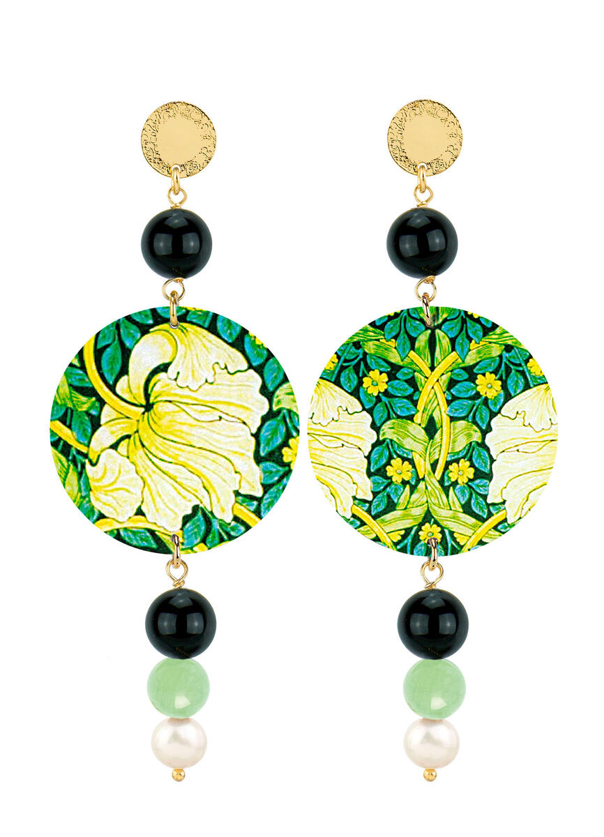 Orecchini Fiore Bianco Nero Verde Giada E Perla - Lebole Maison