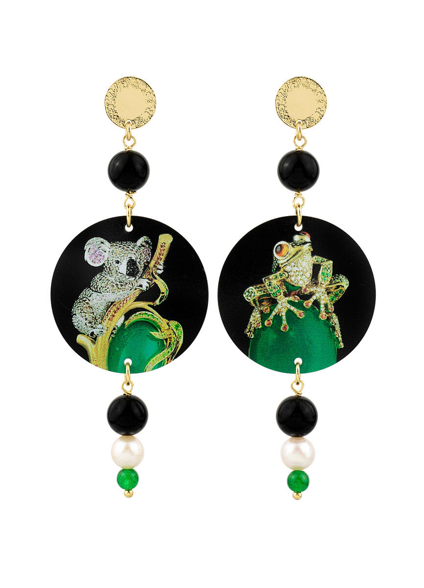 Black Pearl Green Koala Frog Earrings - Lebole Maison