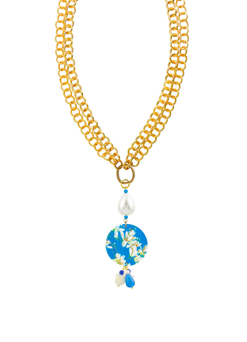 Collana Fiori Bianchi Fondo Azzurro Con Anello Apribile Azzurro - Lebole Maison