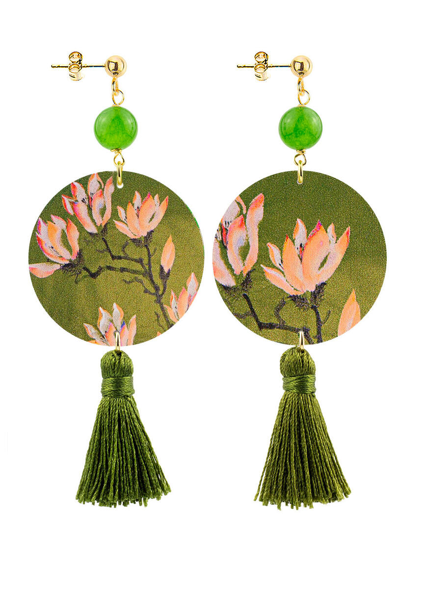 Classic Circle Earrings Pink Flower Olive Green Tassel - Lebole Maison