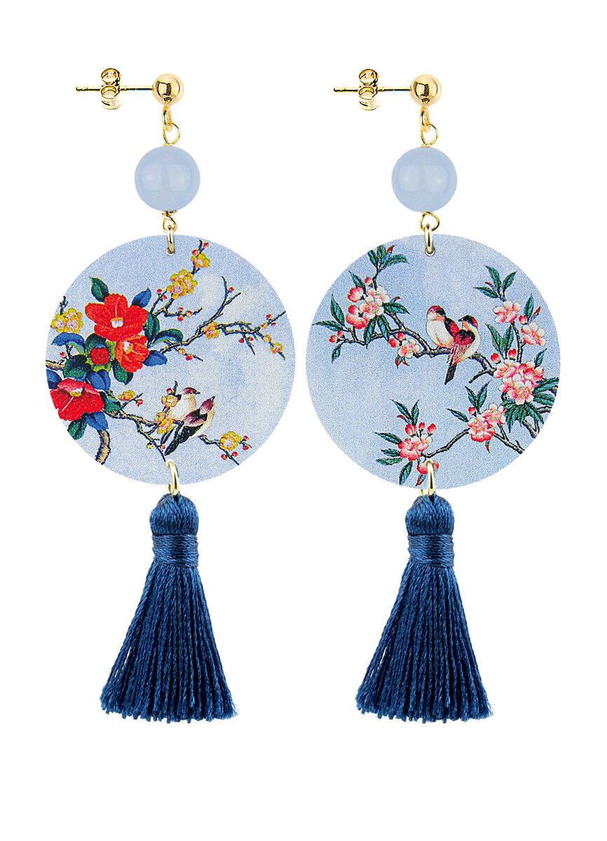 Classic Circle Earrings With Blue Tassel And Flowers - Lebole Maison