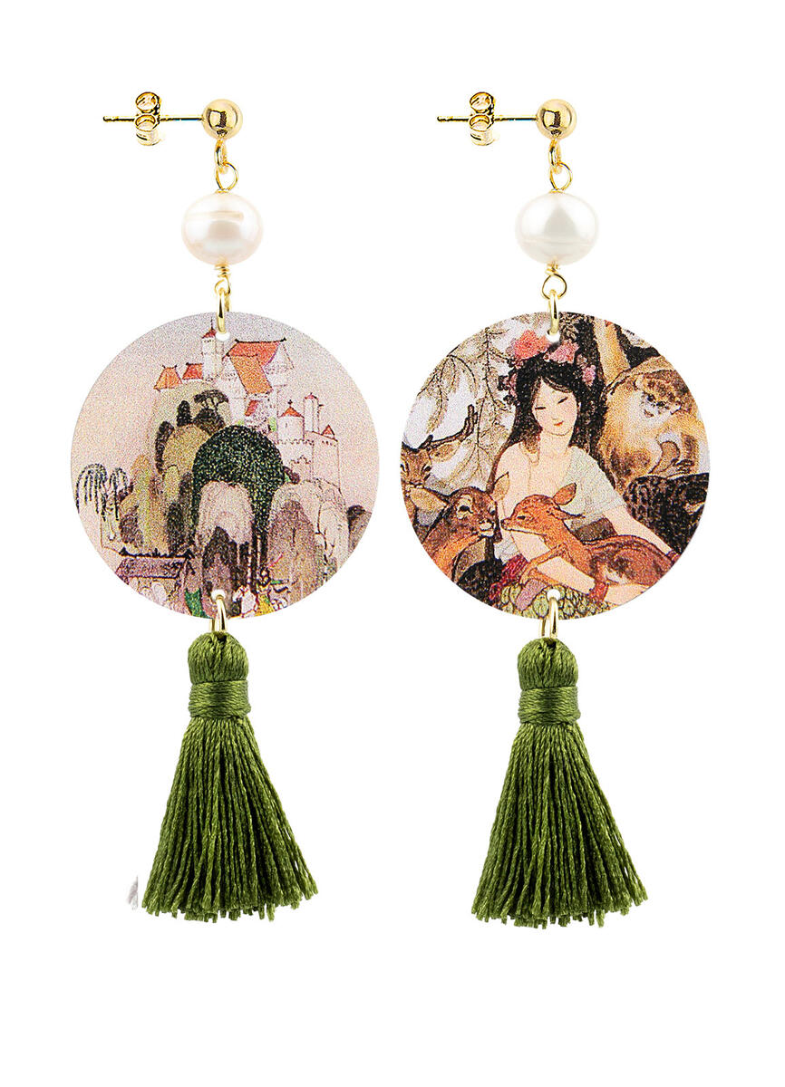 Snow White Small Circle Earrings With Olive Green Tassel - Lebole Maison