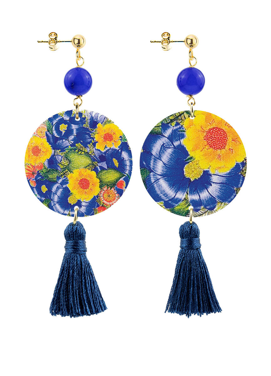 Circle Earrings Small Yellow Flower Blue Tassel - Lebole Maison