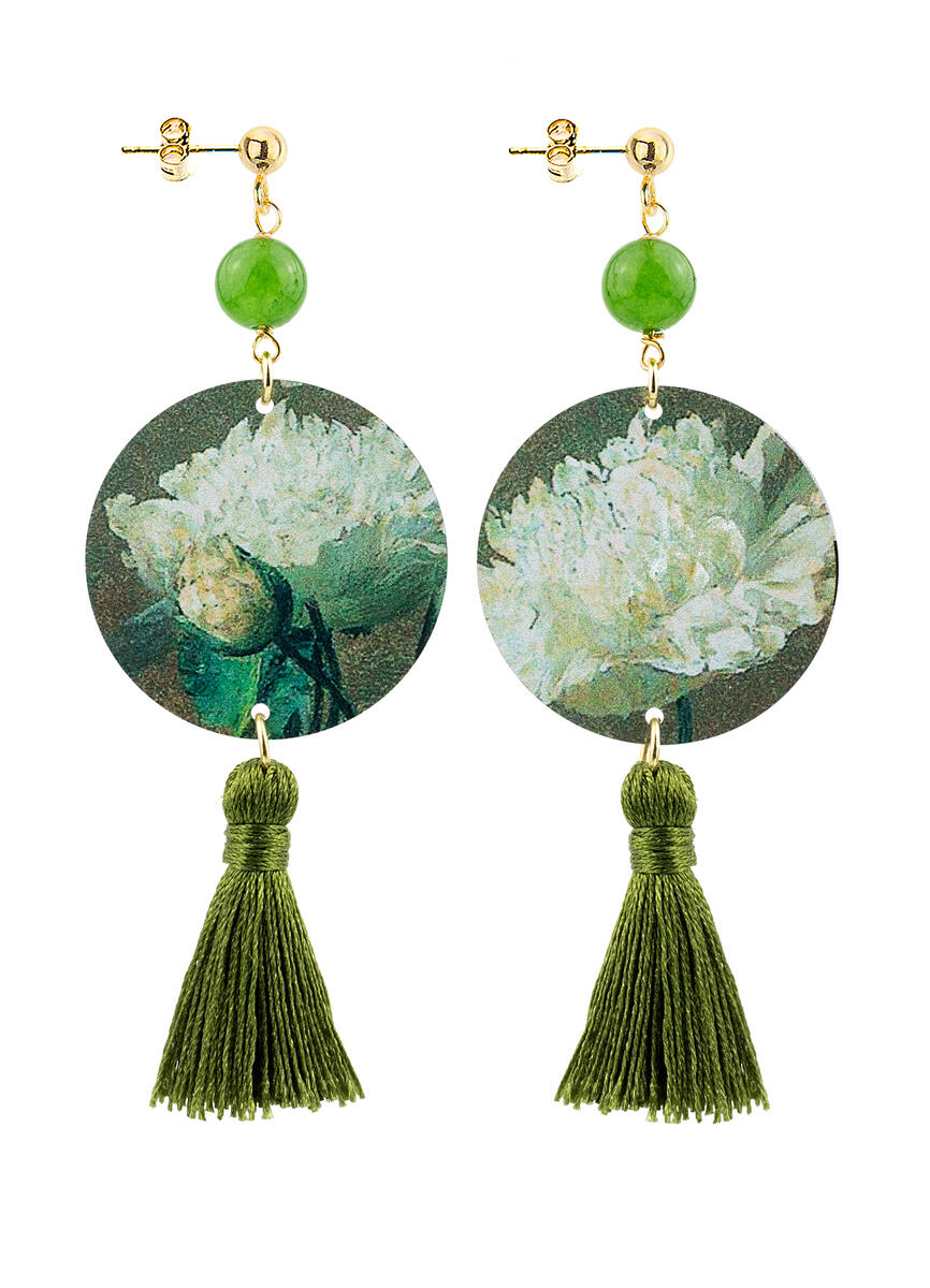 Circle Earrings Small White Flower Olive Green Tassel - Lebole Maison