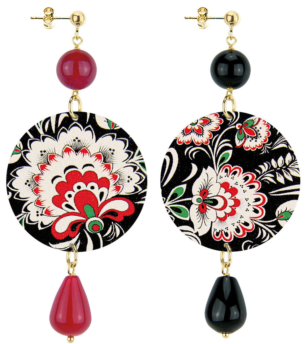 Classic Ruby And Black Flower Fabric Earrings - Lebole Maison