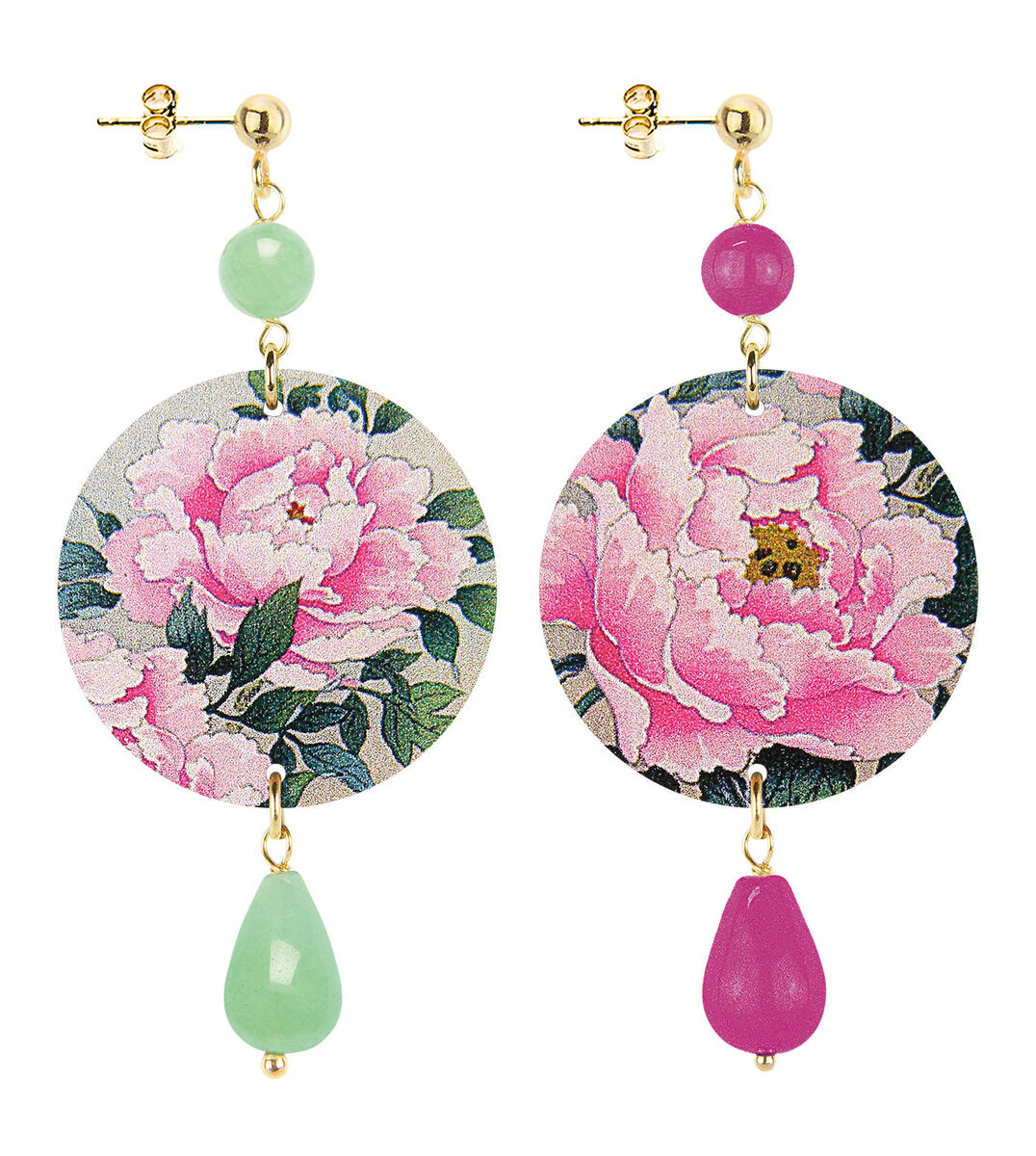 Small Pink Flower Earrings In Jade Green And Fuchsia - Lebole Maison