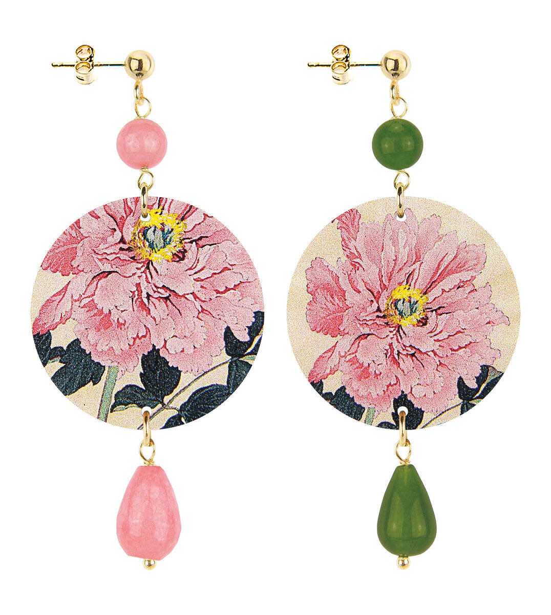 Small Pink And Olive Green Gradient Pink Flower Earrings - Lebole Maison