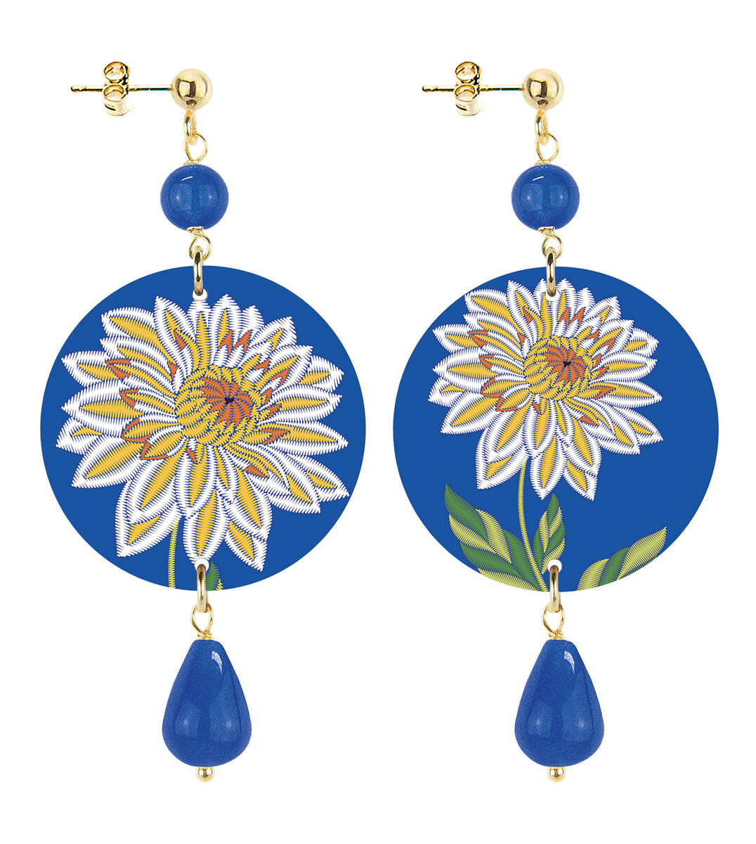 Small Blue Yellow Flower Earrings With Blue Background - Lebole Maison