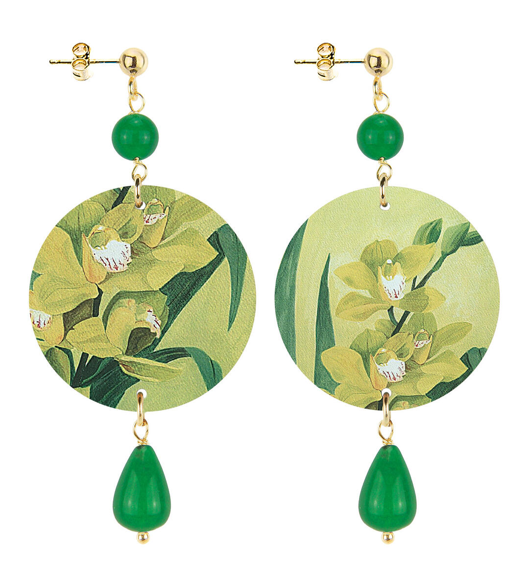 Small Green Orchid Earrings With Green Background - Lebole Maison