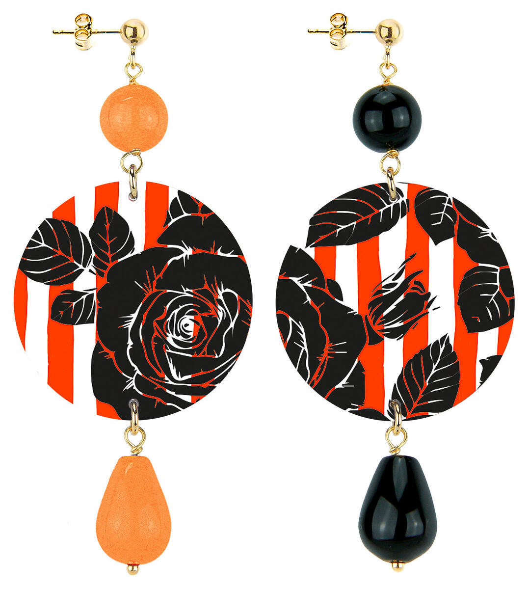 Classic Orange And Black Flower And Stripe Earrings - Lebole Maison