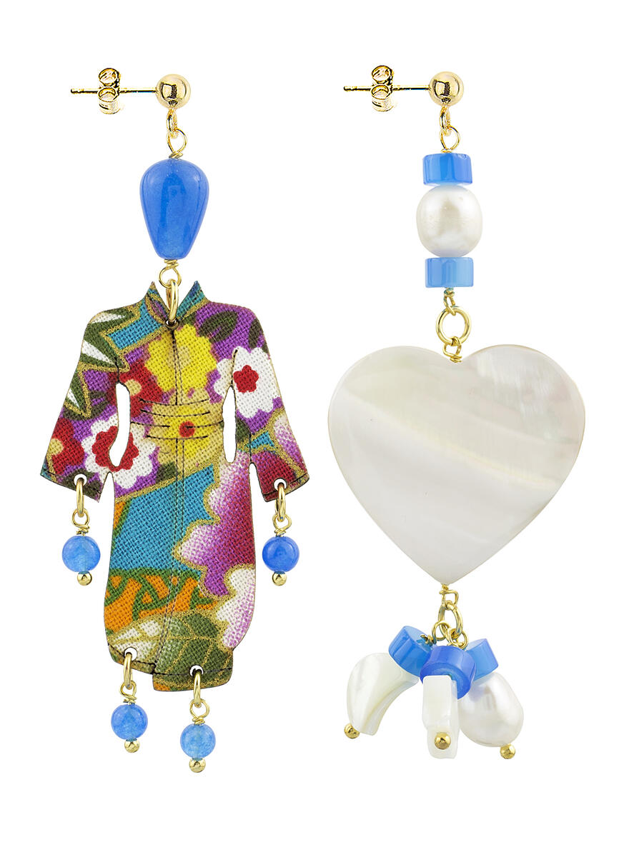 Kimono And Small Blue Mother Of Pearl Heart Earrings - Lebole Maison