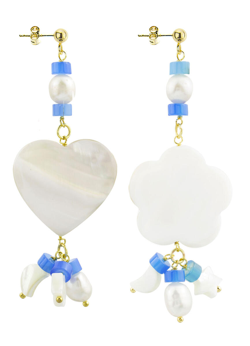 Small Blue Mother Of Pearl Heart And Flower Earrings - Lebole Maison