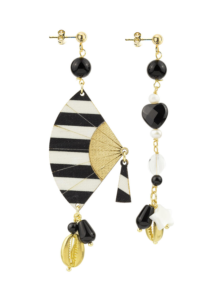 Small Black Striped Fan Earrings - Lebole Maison