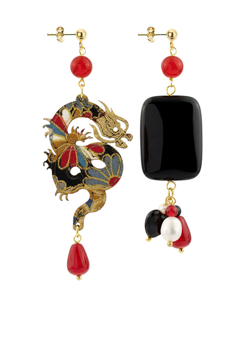 Dragon And Black Stone Earrings Small Ruby - Lebole Maison