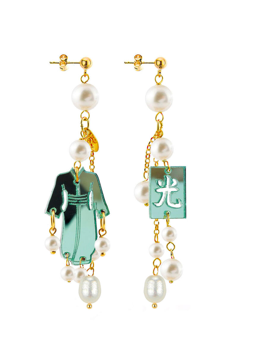 Orecchini Kimono Plexi Ciuffo Corto Verde Giada Perla - Lebole Maison