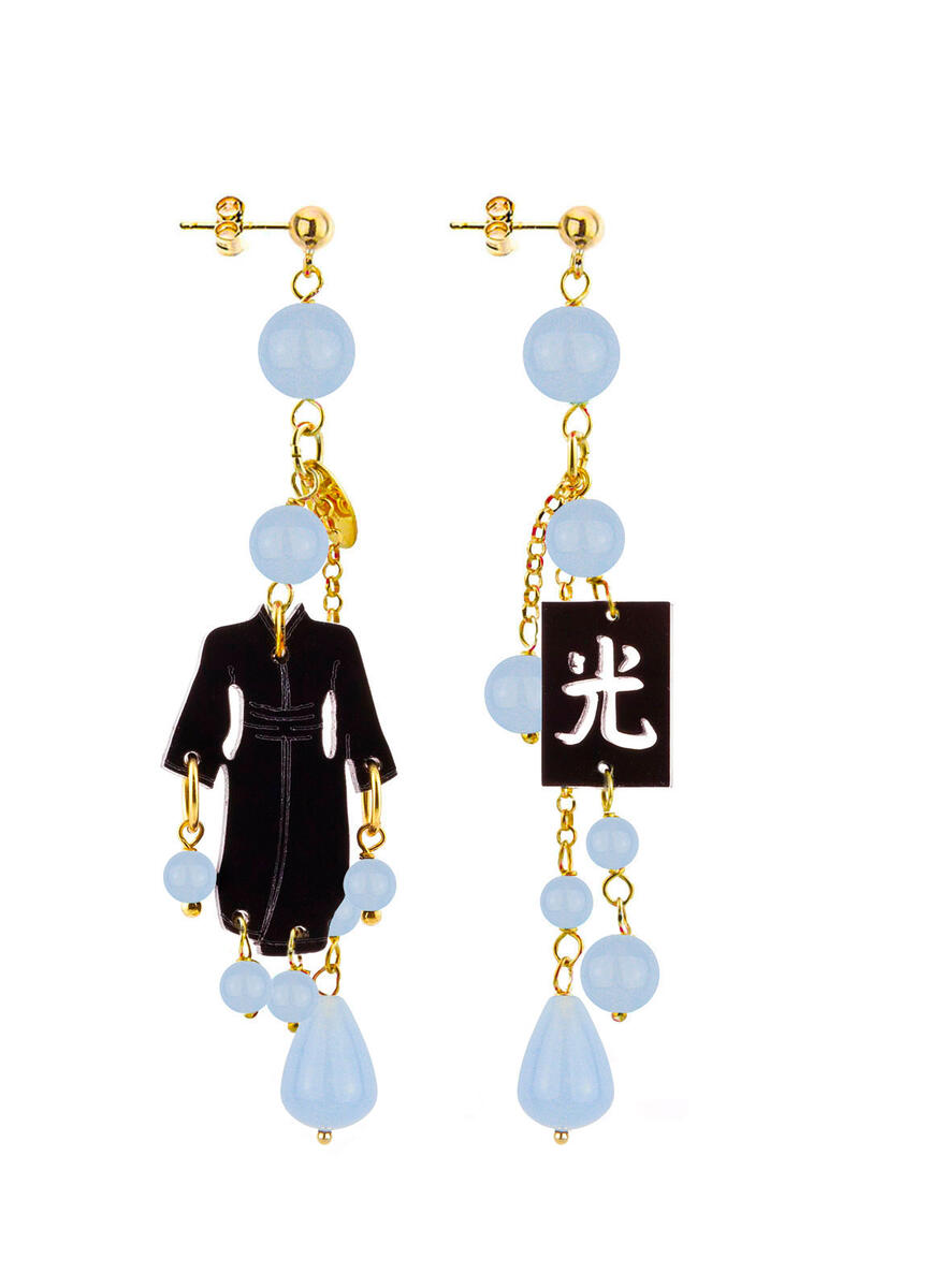 Orecchini Kimono Plexi Nero Ciuffo Corto Celeste - Lebole Maison