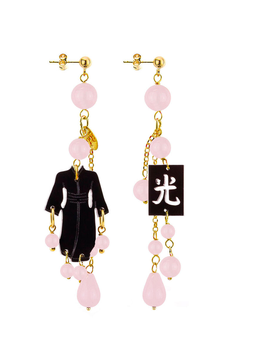 Kimono Plexi Earrings Black Short Tuft Pink - Lebole Maison