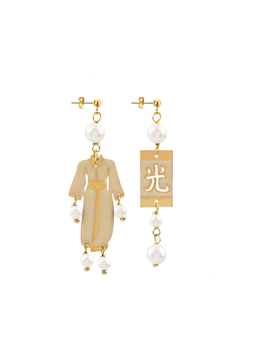 Kimono Earrings White Enamel Mini Pearl - Lebole Maison