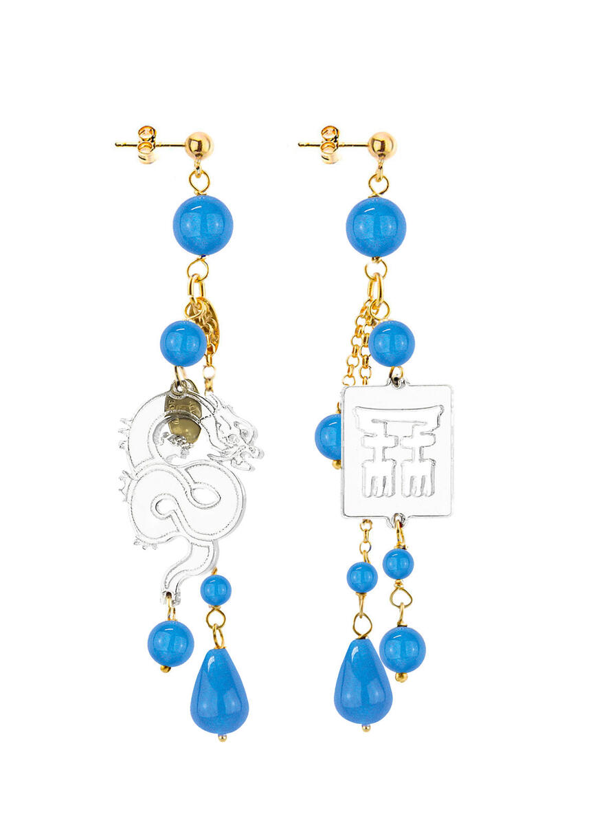 Orecchini Drago Plexi Trasparente Ciuffo Corto Azzurro - Lebole Maison
