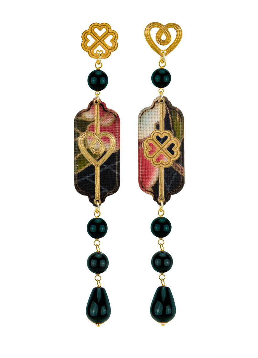 Mini Long Black Heart And Four-leaf Clover Earrings - Lebole Maison