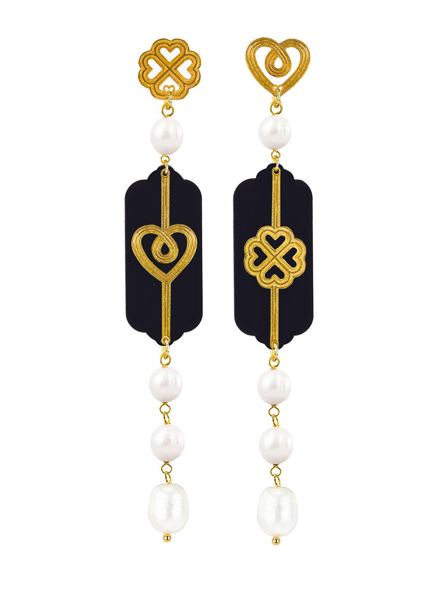 Orecchini Cuore E Quadrifoglio Plexi Nero Mini Lungo Perla - Lebole Maison