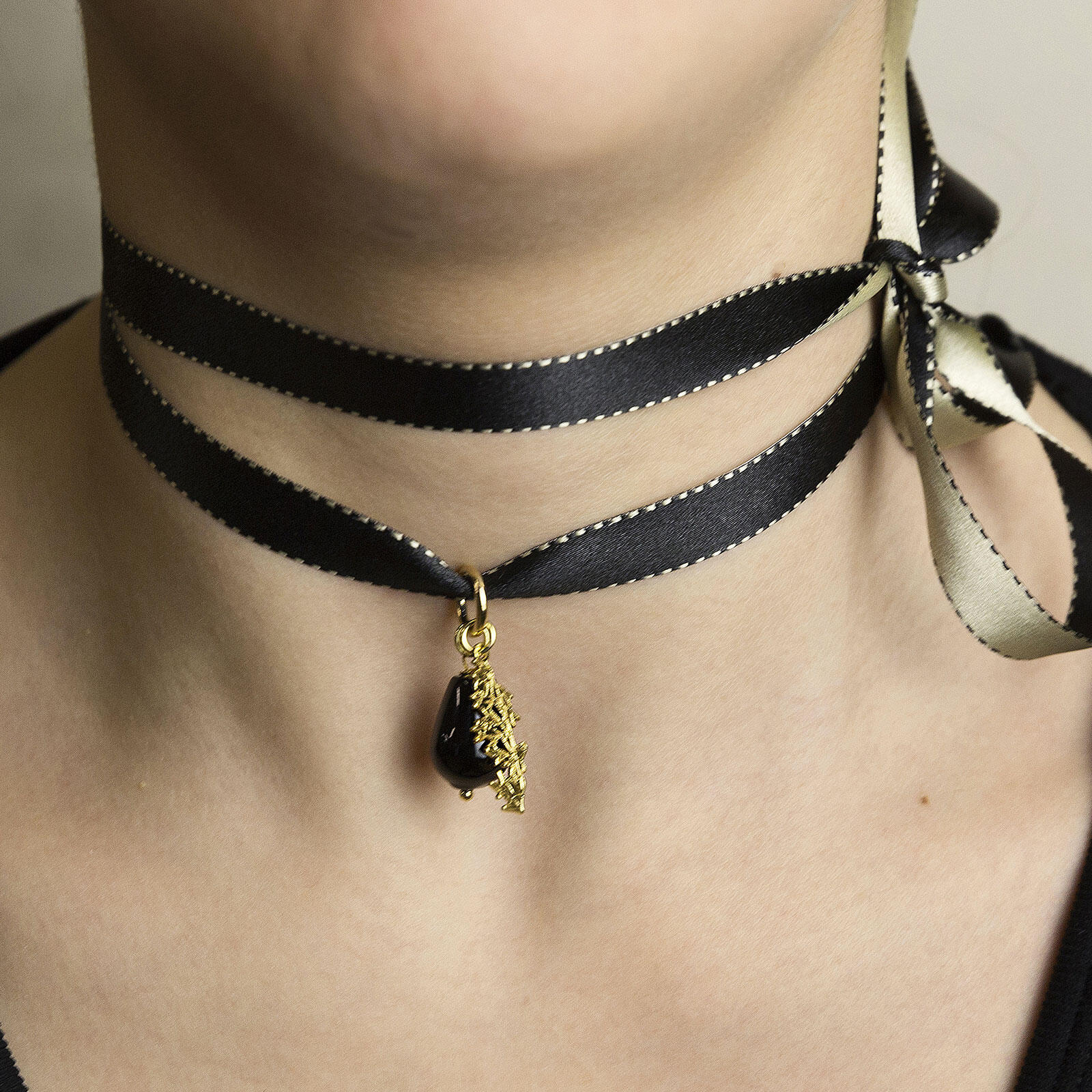 Black Bamboo Kanji Fabric Necklace Lebole Maison