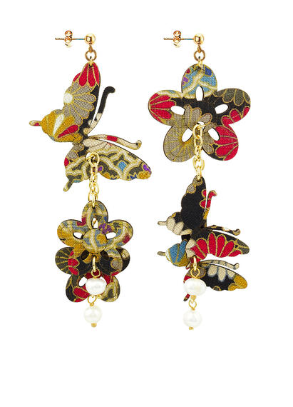 Small Pearl Butterfly And Silk Flowers Earrings - Lebole Maison