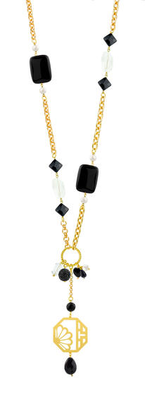 San Xing Long Necklace With Black And Transparent Stones - Lebole Maison