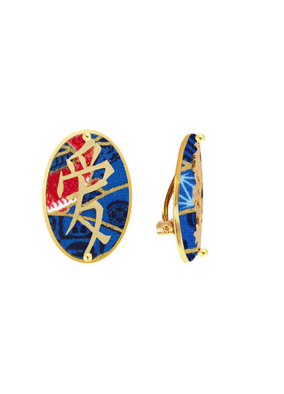 Kanji Love Clip Earrings Blue - Lebole Maison