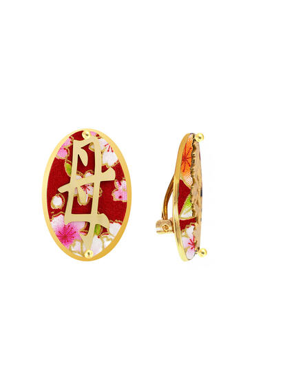 Kanji Mom Clips Oval Ruby Earrings - Lebole Maison