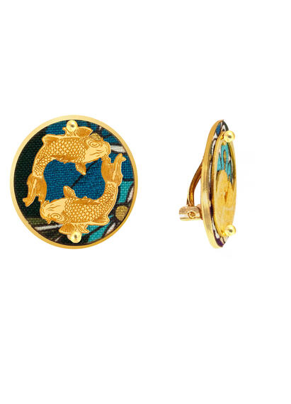 Koi And Fuji-san Clips Earrings, Blue - Lebole Maison