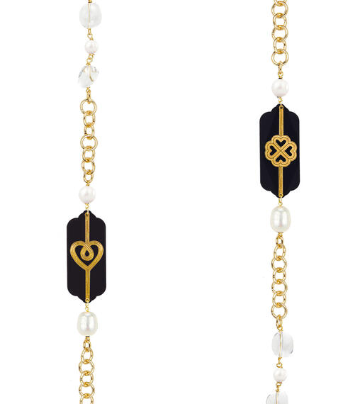 Collana Lunga Pois Cuore E Quadrifoglio Plexi Nero Perla - Lebole Maison