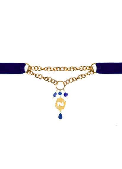 Blue Velvet Necklace And Chain 2 Blue Koi And Pearl - Lebole Maison