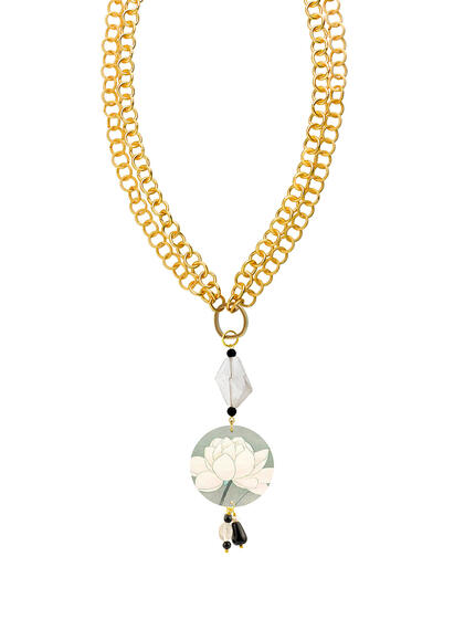 Collana Fiore Bianco Fondo Verde Chiaro Con Anello Apribile Nero - Lebole Maison