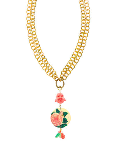 Collana Fiore Rosa Fondo Giallo Con Anello Apribile Perla - Lebole Maison