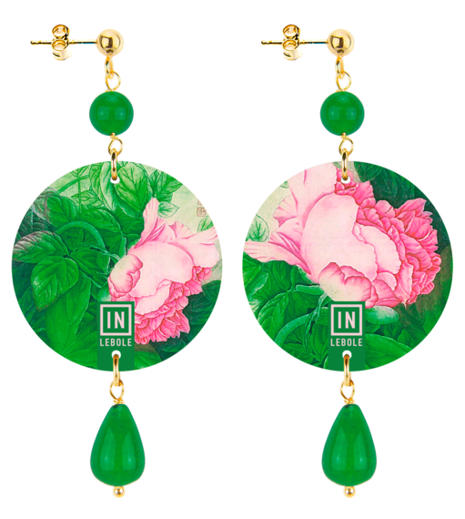 Small Earrings Pink Flower Green - Lebole Maison