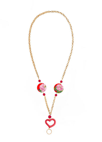 Catena Per Occhiali Fiore Rosa Fondo Rosso Piccolo Rubino - Lebole Maison