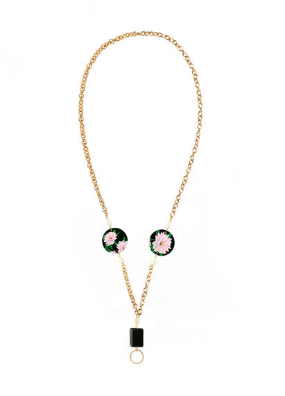 Catena Per Occhiali Fiore Bianco Fondo Nero Piccolo Perla - Lebole Maison