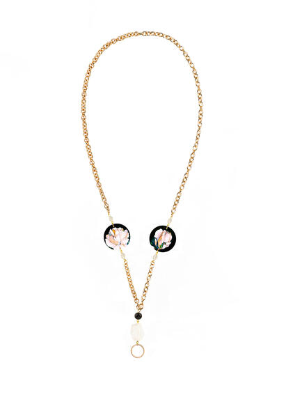 Catena Per Occhiali Fiore Bianco Fondo Nero Piccolo Pietra Trasparente - Lebole Maison