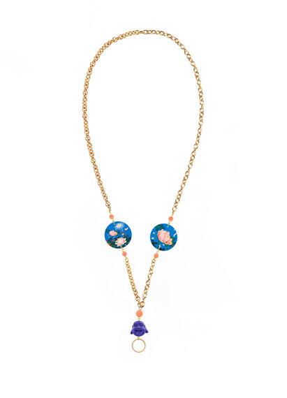 Catena Per Occhiali Fiore Rosa Fondo Azzurro Piccolo Rosa Sfaccettato - Lebole Maison