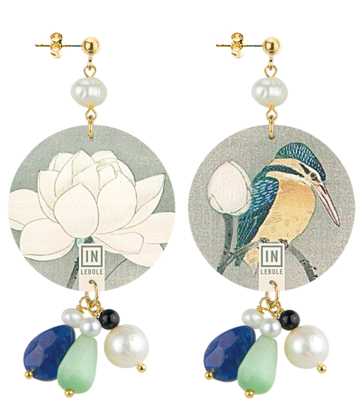 White Flower And Classic Pearl Bird Earrings - Lebole Maison