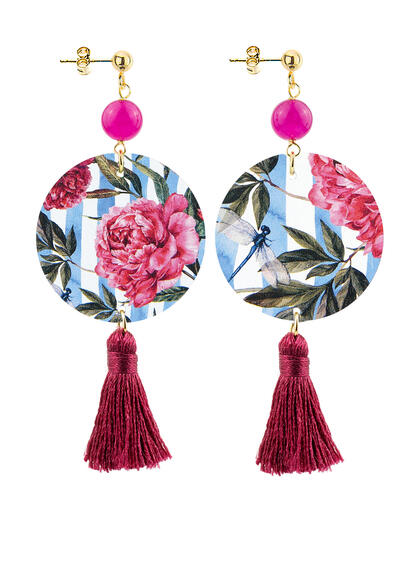 Classic Circle Earrings Fuchsia Flower Fuchsia Tassel - Lebole Maison