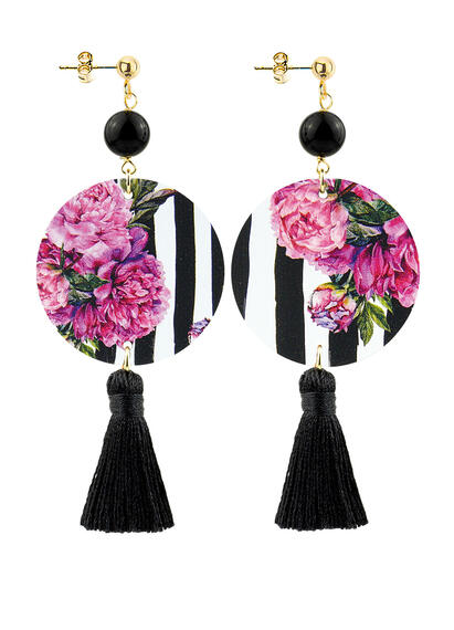 Classic Circle Earrings Fuchsia Flower Black Tassel - Lebole Maison