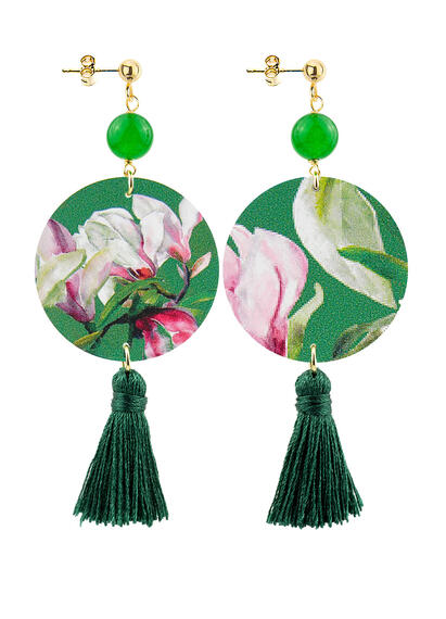 Classic Circle Earrings White Flower Green Tassel - Lebole Maison