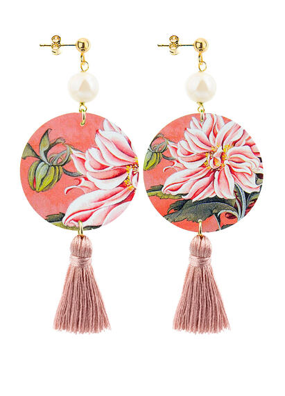 Classic Circle Earrings Pink Flower Pink Tassel - Lebole Maison