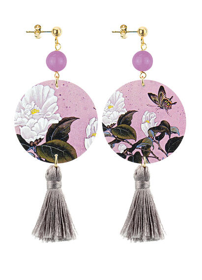 Classic Circle Earrings White Flower Lilac Tassel - Lebole Maison
